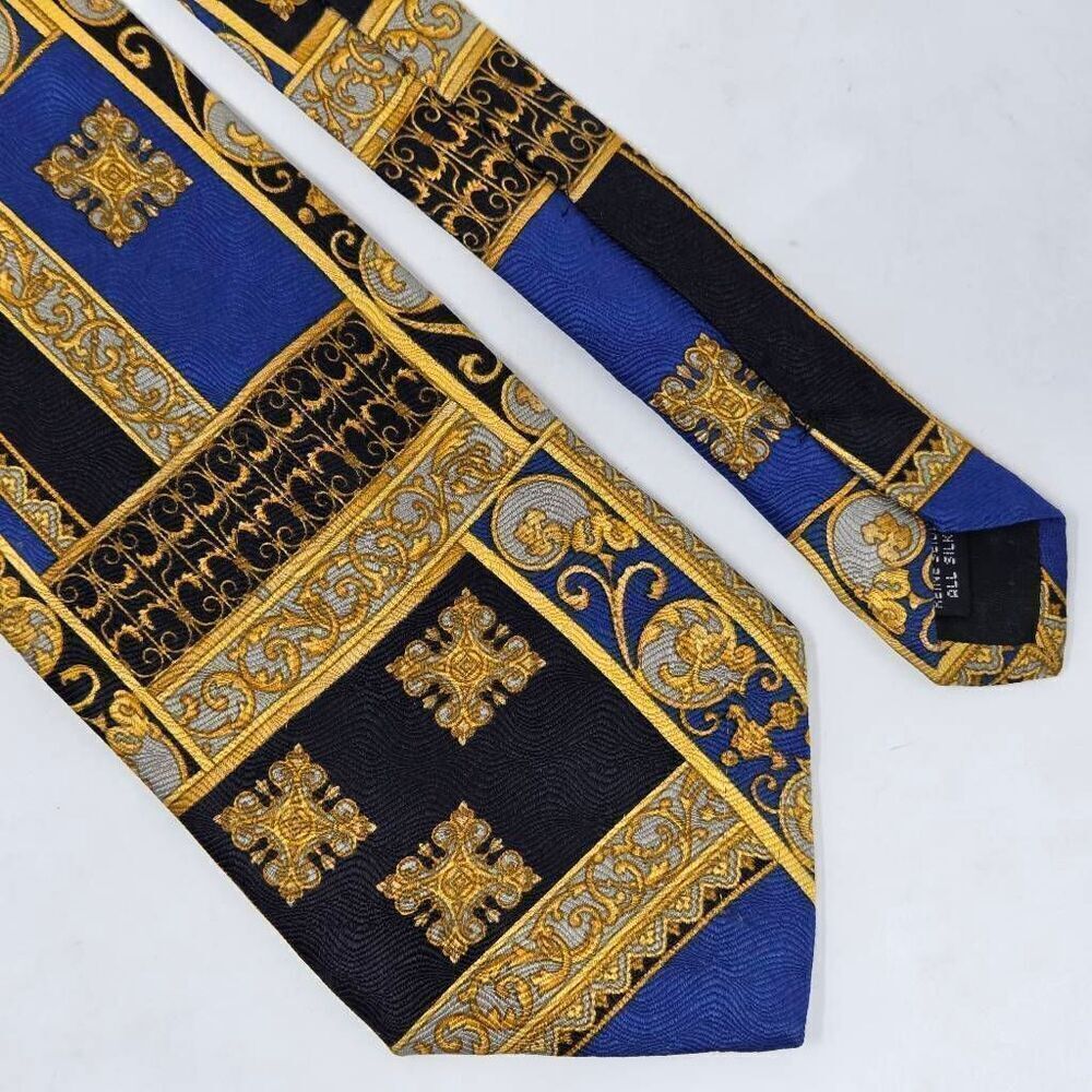 FRATELLI MODA ITALY HANDMADE SILK TIE GOLD BLUE BLACK BAROQUE LUXURY 4" X 60"